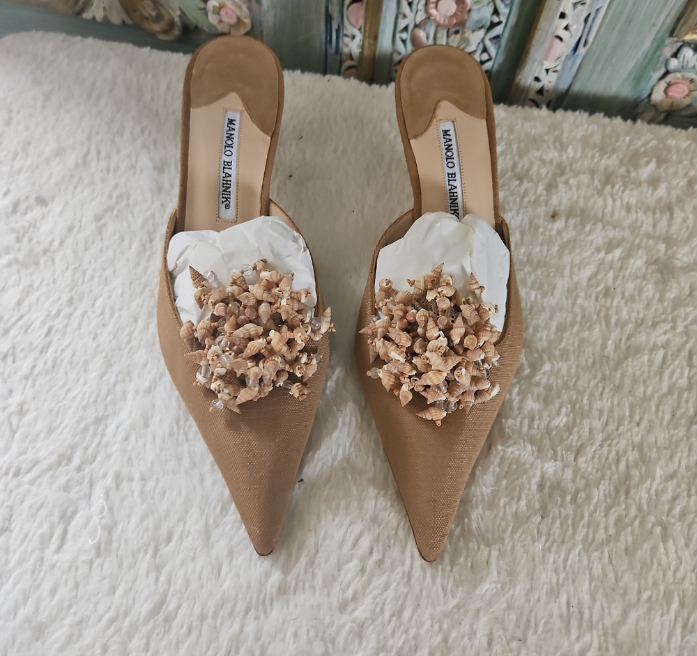 Manolo Blahnik Tan Embellished Mules